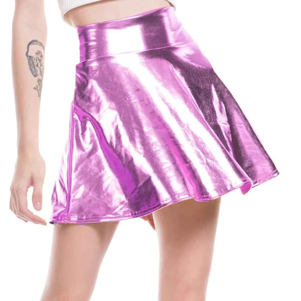 Women Pleated A-Line Skater Skirt Summer Shiny Metallic Holographic Mini Skirt Sexy Club Disco Harajuku Mini Skirt