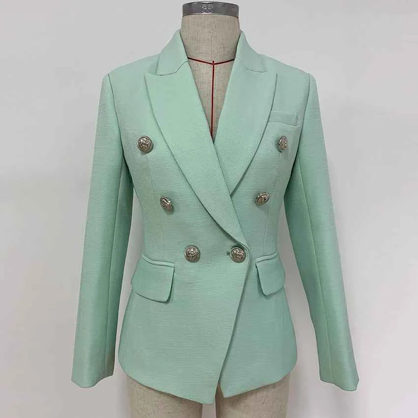 HIGH STREET 2026 Classic Baroque Designer Jacket Women's Metal Lion Buttons Double Breasted Textured Blazer Mint Green