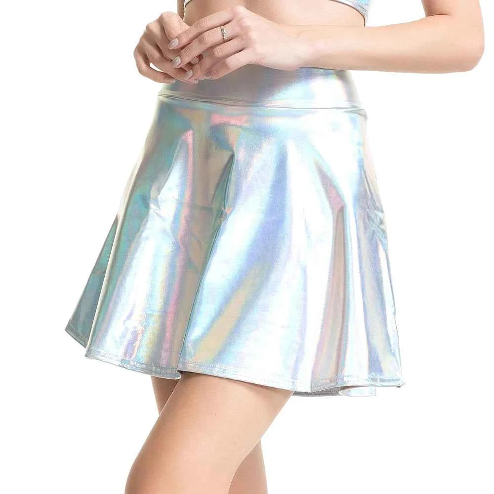 Women Pleated A-Line Skater Skirt Summer Shiny Metallic Holographic Mini Skirt Sexy Club Disco Harajuku Mini Skirt