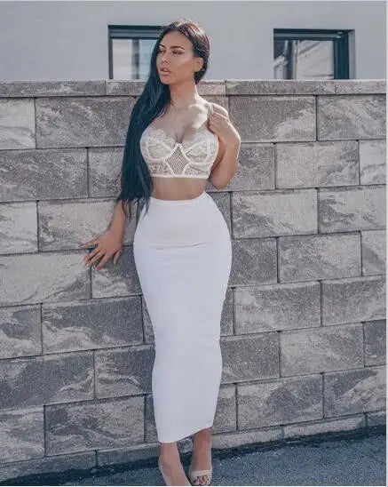 Wholesale 12 Colors 78cm Sexy Beige Black Blue Knee Length Bandage Skirt 2023 Knitted Elastic Sweet Designer Pencil Skirt