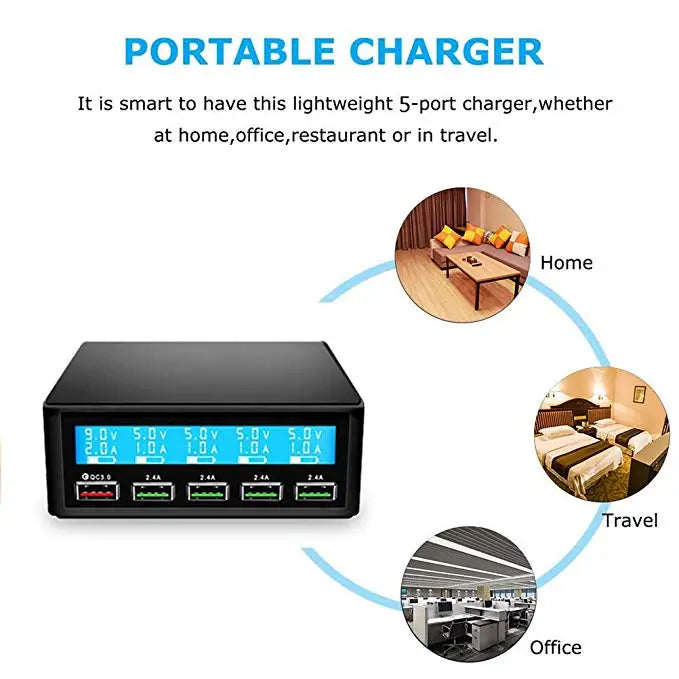 QC 3.0 Quick Charger Portable Multi 5 Port USB LCD Display 50W Fast Carregador For Iphone Xiaomi HuaWei Power Bank