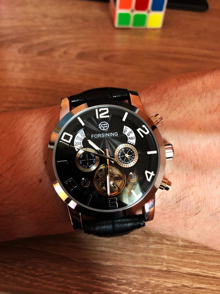 Forsining Top Brand Luxury Tourbillion Mens Automatic Mechanical Watches Fashion Wave Black Golden Clock Multi Function Display