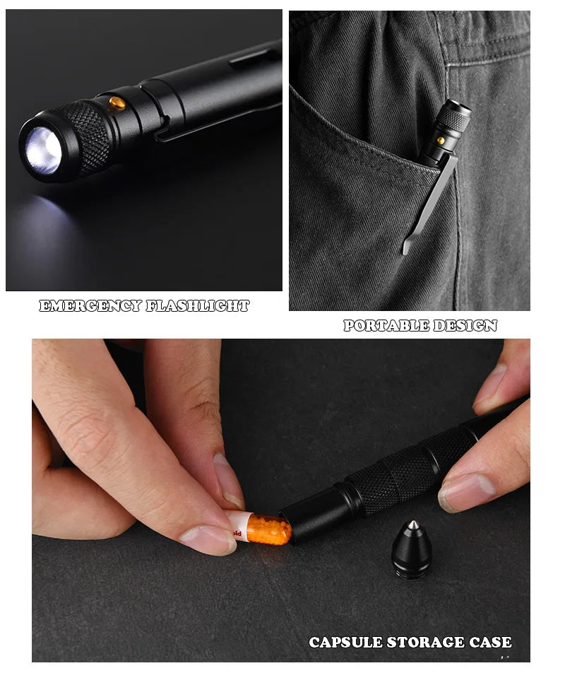 Portable Creative Self Defense Tactical Pen Emergency Flashlight Strobe Bottle Opener Car Window Breaker Pill Storage Gift Box