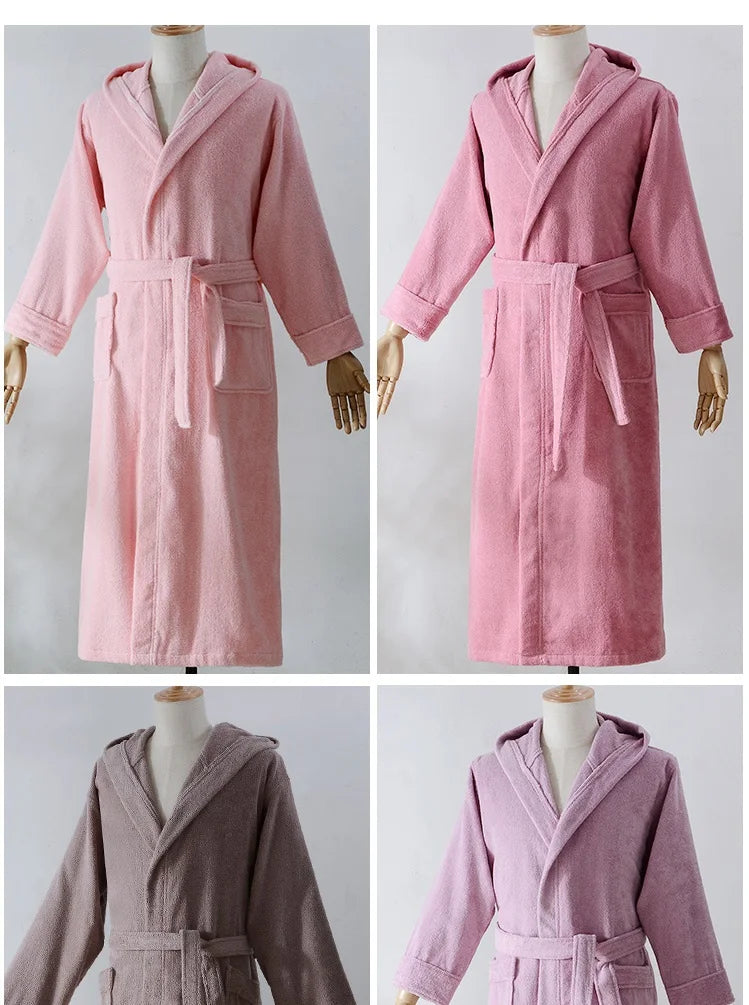 Autumn Winter Thick Pure Cotton Plain Color Bathrobes Sleepwear Robes Unisex Long-sleeve Absorbent Terry Bathrobe Hooded Pijamas