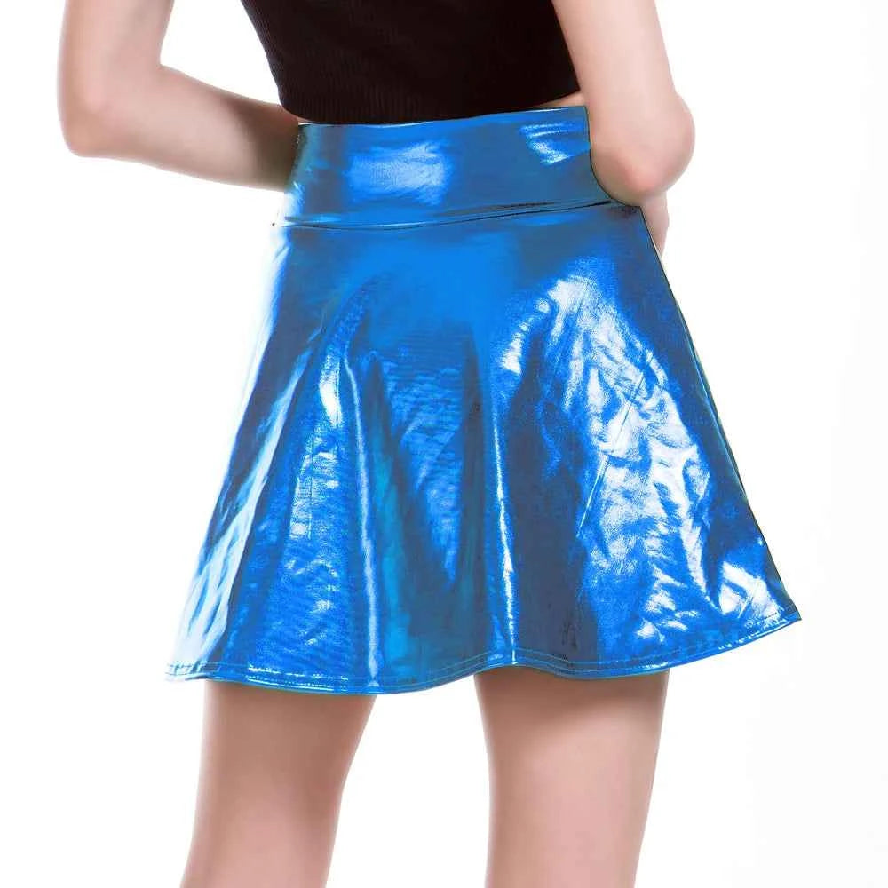 Women Pleated A-Line Skater Skirt Summer Shiny Metallic Holographic Mini Skirt Sexy Club Disco Harajuku Mini Skirt