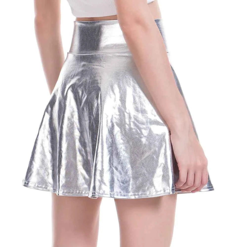Women Pleated A-Line Skater Skirt Summer Shiny Metallic Holographic Mini Skirt Sexy Club Disco Harajuku Mini Skirt