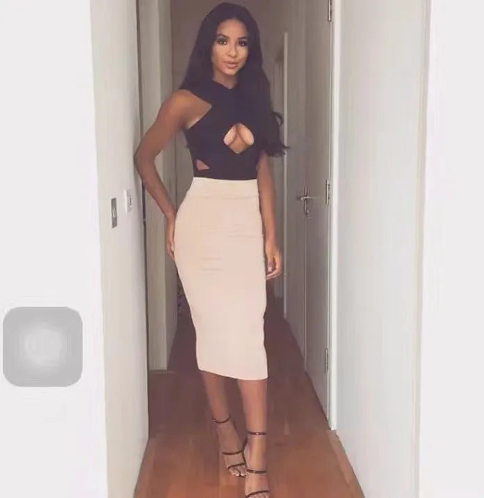 Wholesale 12 Colors 78cm Sexy Beige Black Blue Knee Length Bandage Skirt 2023 Knitted Elastic Sweet Designer Pencil Skirt