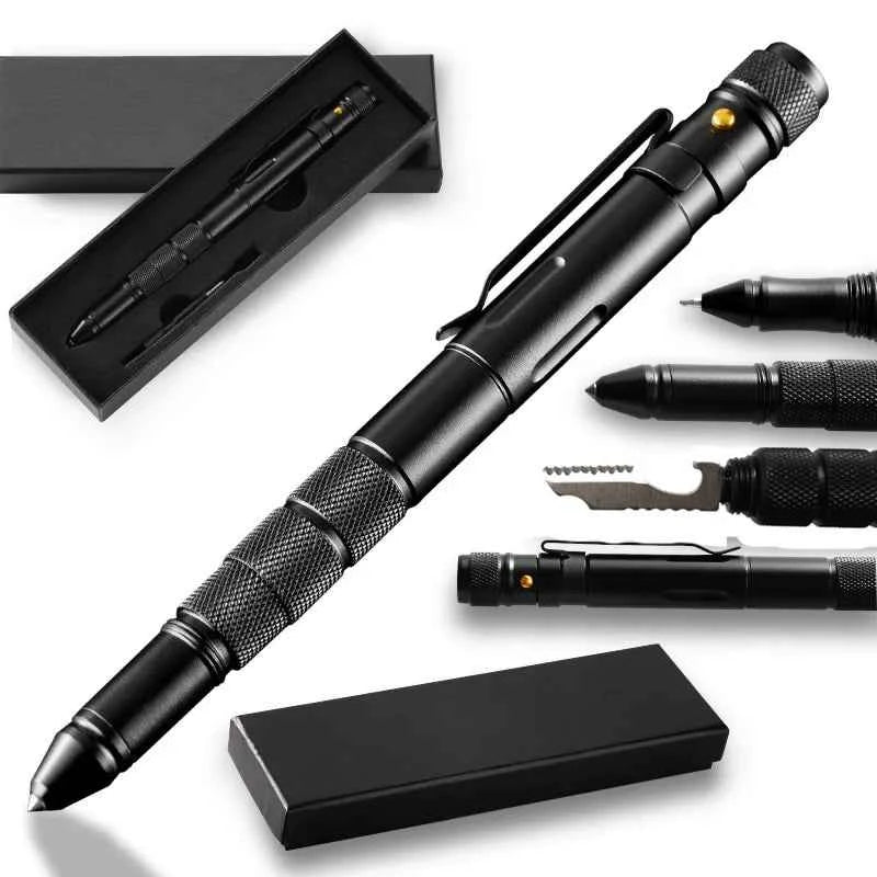 Portable Creative Self Defense Tactical Pen Emergency Flashlight Strobe Bottle Opener Car Window Breaker Pill Storage Gift Box