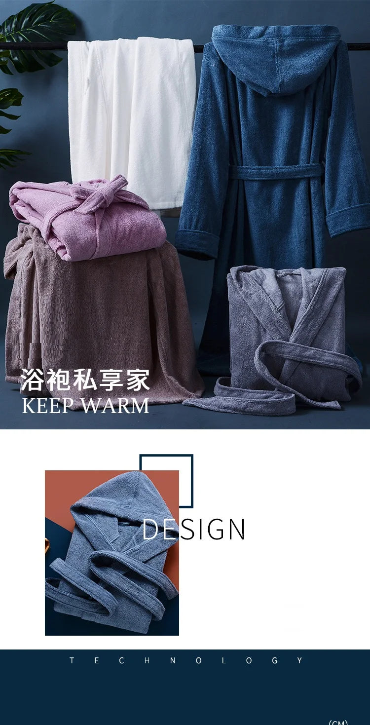 Autumn Winter Thick Pure Cotton Plain Color Bathrobes Sleepwear Robes Unisex Long-sleeve Absorbent Terry Bathrobe Hooded Pijamas