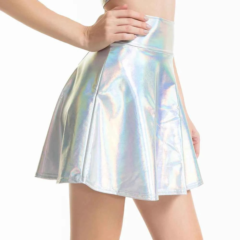 Women Pleated A-Line Skater Skirt Summer Shiny Metallic Holographic Mini Skirt Sexy Club Disco Harajuku Mini Skirt