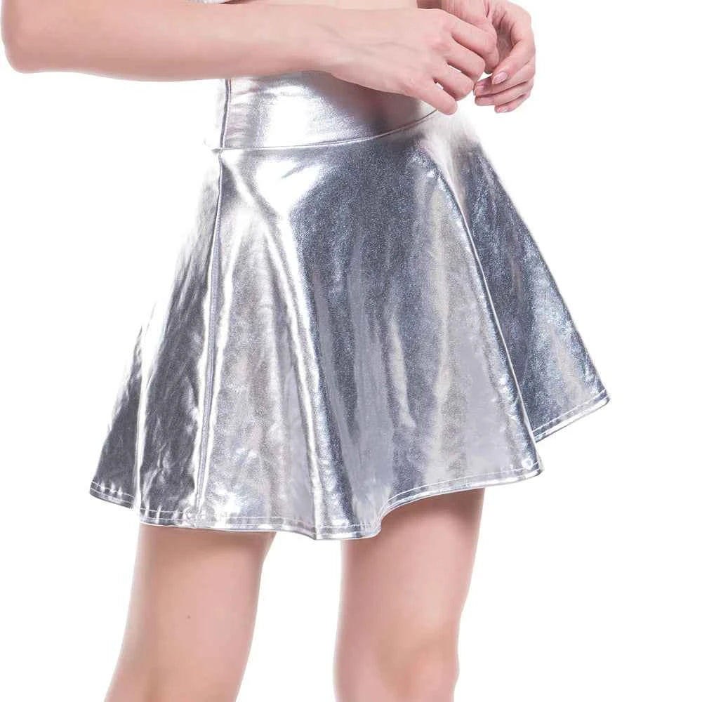 Women Pleated A-Line Skater Skirt Summer Shiny Metallic Holographic Mini Skirt Sexy Club Disco Harajuku Mini Skirt