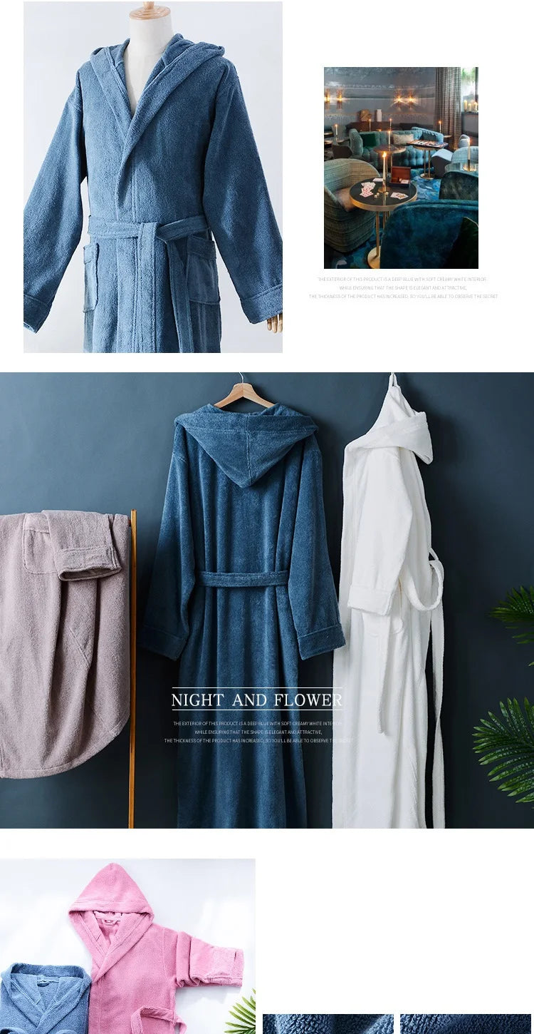 Autumn Winter Thick Pure Cotton Plain Color Bathrobes Sleepwear Robes Unisex Long-sleeve Absorbent Terry Bathrobe Hooded Pijamas