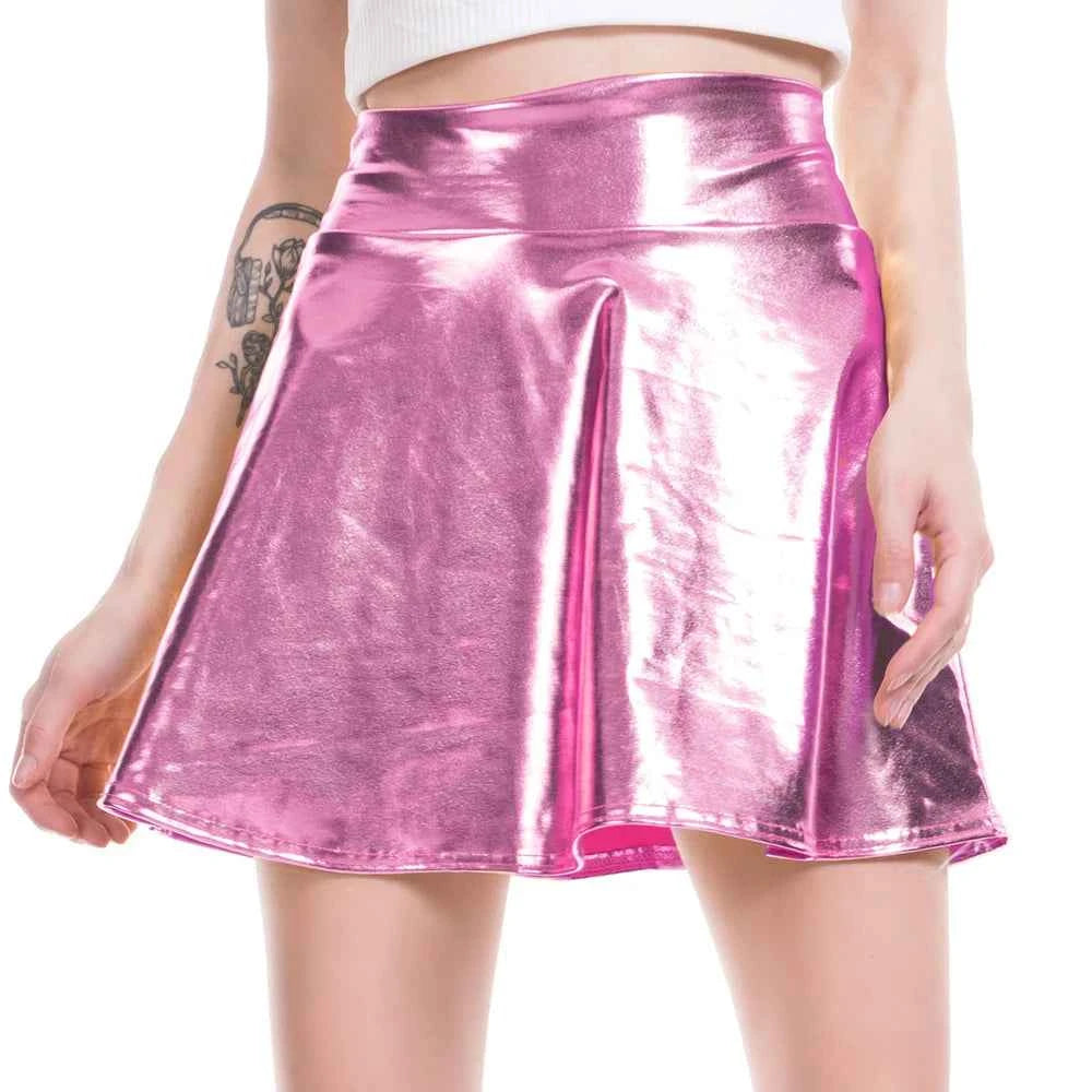 Women Pleated A-Line Skater Skirt Summer Shiny Metallic Holographic Mini Skirt Sexy Club Disco Harajuku Mini Skirt