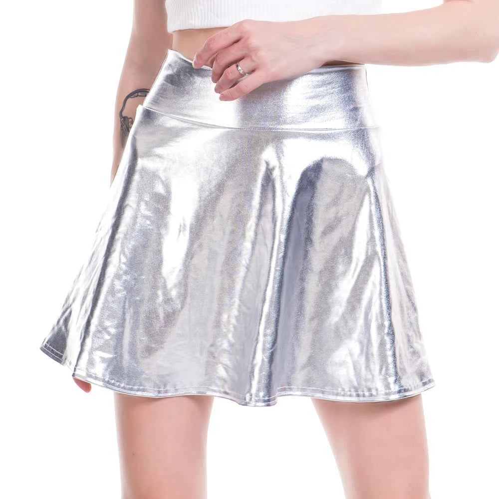 Women Pleated A-Line Skater Skirt Summer Shiny Metallic Holographic Mini Skirt Sexy Club Disco Harajuku Mini Skirt
