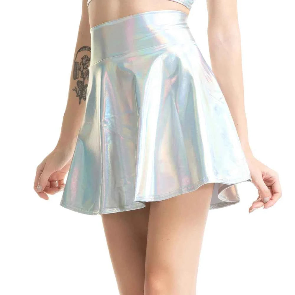 Women Pleated A-Line Skater Skirt Summer Shiny Metallic Holographic Mini Skirt Sexy Club Disco Harajuku Mini Skirt