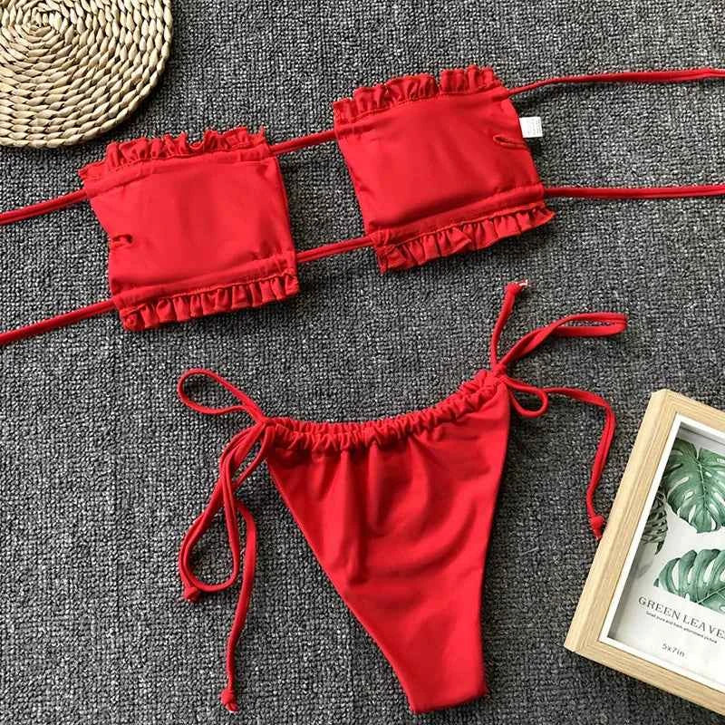 Tie Dye Pleated Ruffled Bikinis Bandeau Bikini Women Swimsuit Female Swimwear Two-pieces Bikini Set Hollow Out Bathing Suit Swim