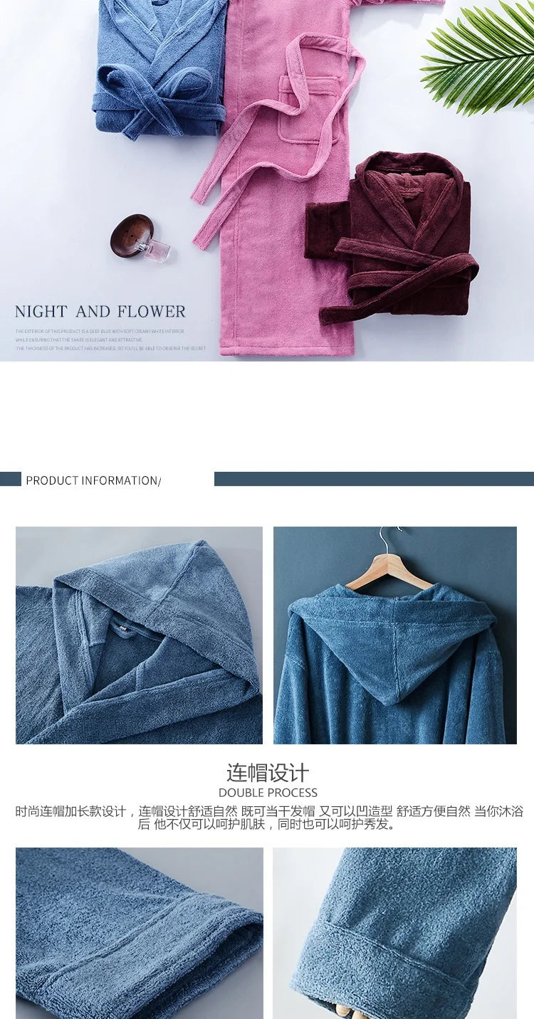 Autumn Winter Thick Pure Cotton Plain Color Bathrobes Sleepwear Robes Unisex Long-sleeve Absorbent Terry Bathrobe Hooded Pijamas