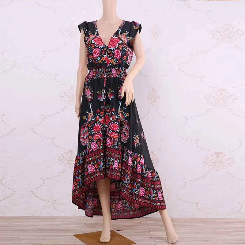 Customizable Duzeala 2022 New Women Summer Boho Beach Maxi Dress Sexy V Neck Vintage Print Long Dresses Casual Sundress Dress