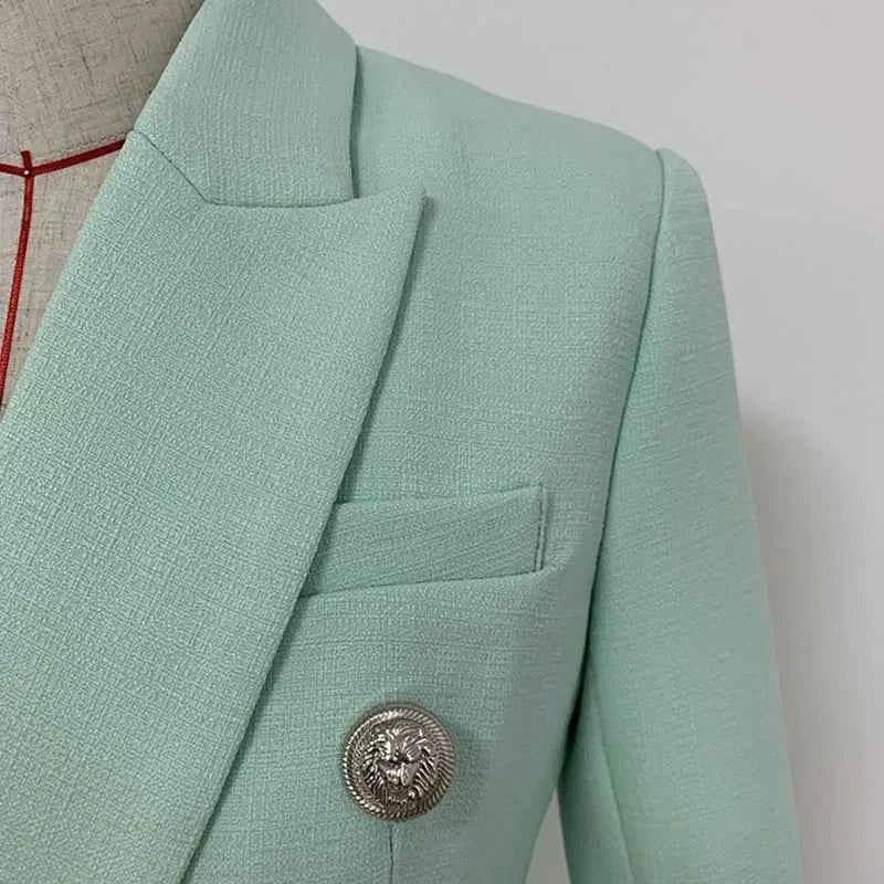 HIGH STREET 2026 Classic Baroque Designer Jacket Women's Metal Lion Buttons Double Breasted Textured Blazer Mint Green