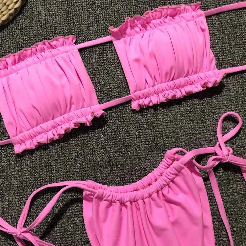 Tie Dye Pleated Ruffled Bikinis Bandeau Bikini Women Swimsuit Female Swimwear Two-pieces Bikini Set Hollow Out Bathing Suit Swim