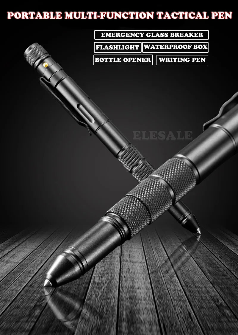 Portable Creative Self Defense Tactical Pen Emergency Flashlight Strobe Bottle Opener Car Window Breaker Pill Storage Gift Box