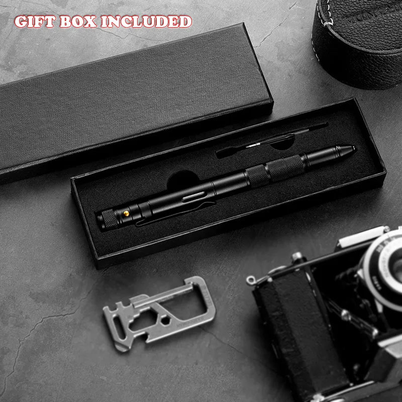 Portable Creative Self Defense Tactical Pen Emergency Flashlight Strobe Bottle Opener Car Window Breaker Pill Storage Gift Box