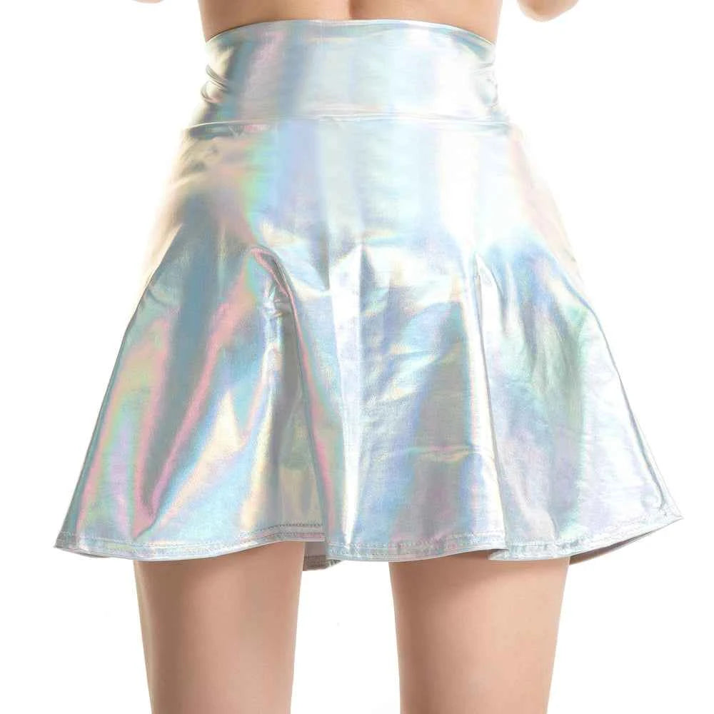 Women Pleated A-Line Skater Skirt Summer Shiny Metallic Holographic Mini Skirt Sexy Club Disco Harajuku Mini Skirt
