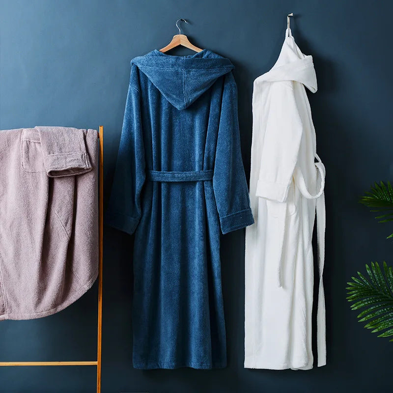 Autumn Winter Thick Pure Cotton Plain Color Bathrobes Sleepwear Robes Unisex Long-sleeve Absorbent Terry Bathrobe Hooded Pijamas