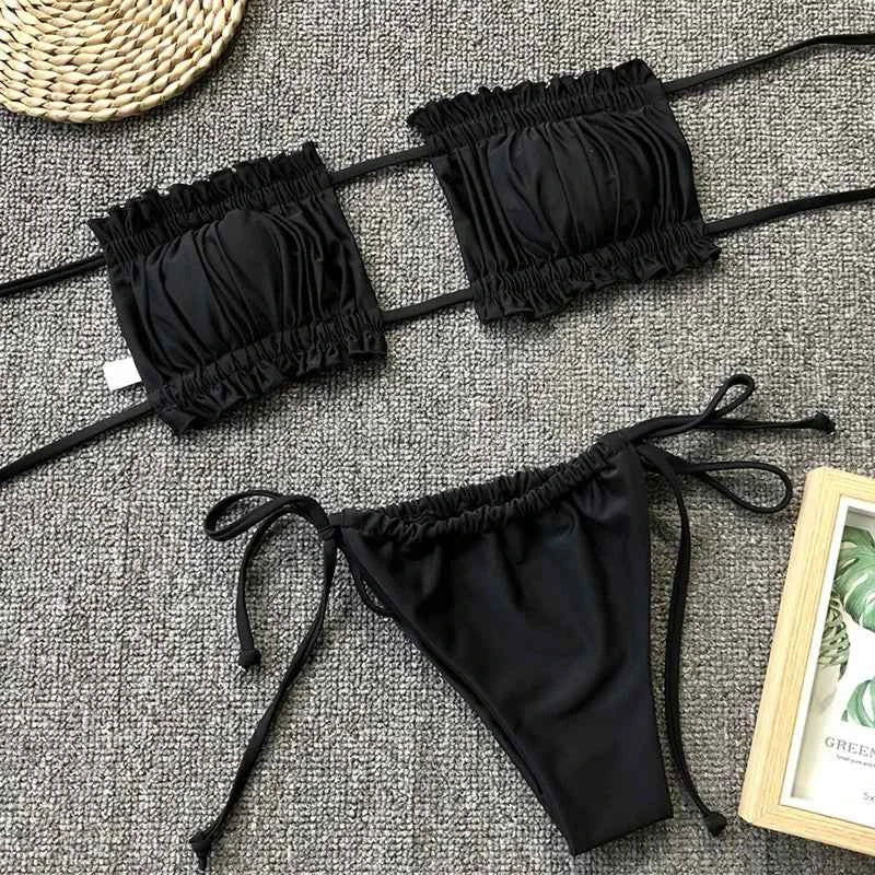 Tie Dye Pleated Ruffled Bikinis Bandeau Bikini Women Swimsuit Female Swimwear Two-pieces Bikini Set Hollow Out Bathing Suit Swim