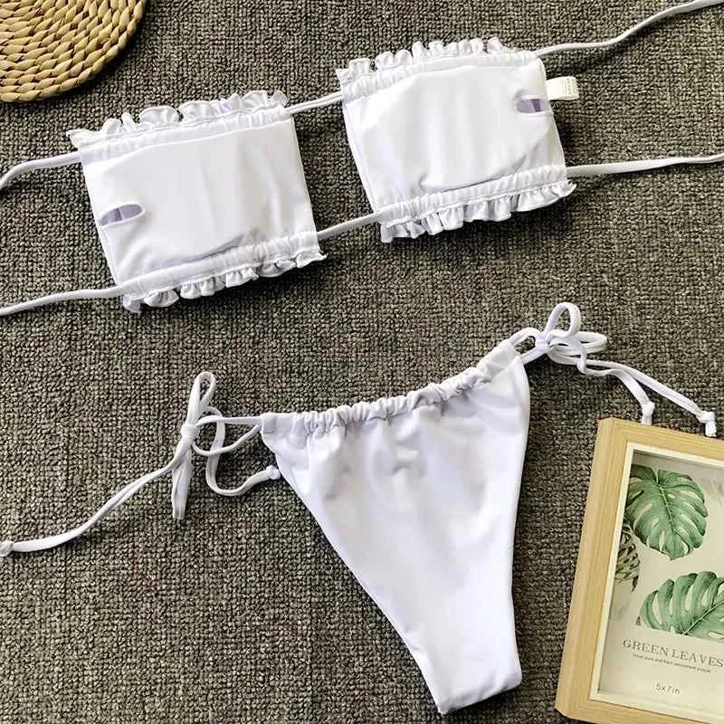 Tie Dye Pleated Ruffled Bikinis Bandeau Bikini Women Swimsuit Female Swimwear Two-pieces Bikini Set Hollow Out Bathing Suit Swim