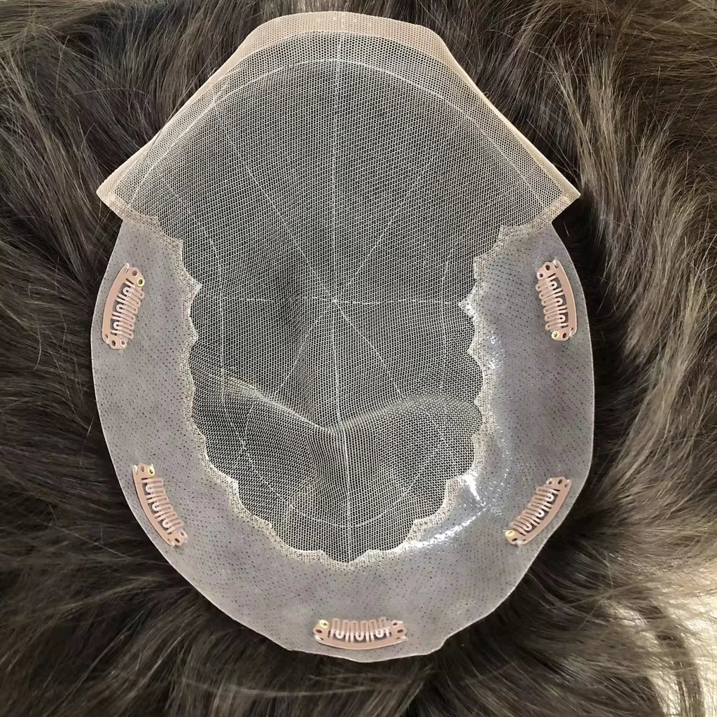 Sinoland EY-03 Q6 Style French Lace Skin Natural Hairline 5 Clips Men's Toupee 100% Indian Human Hair 6 Inch 38MM Texture