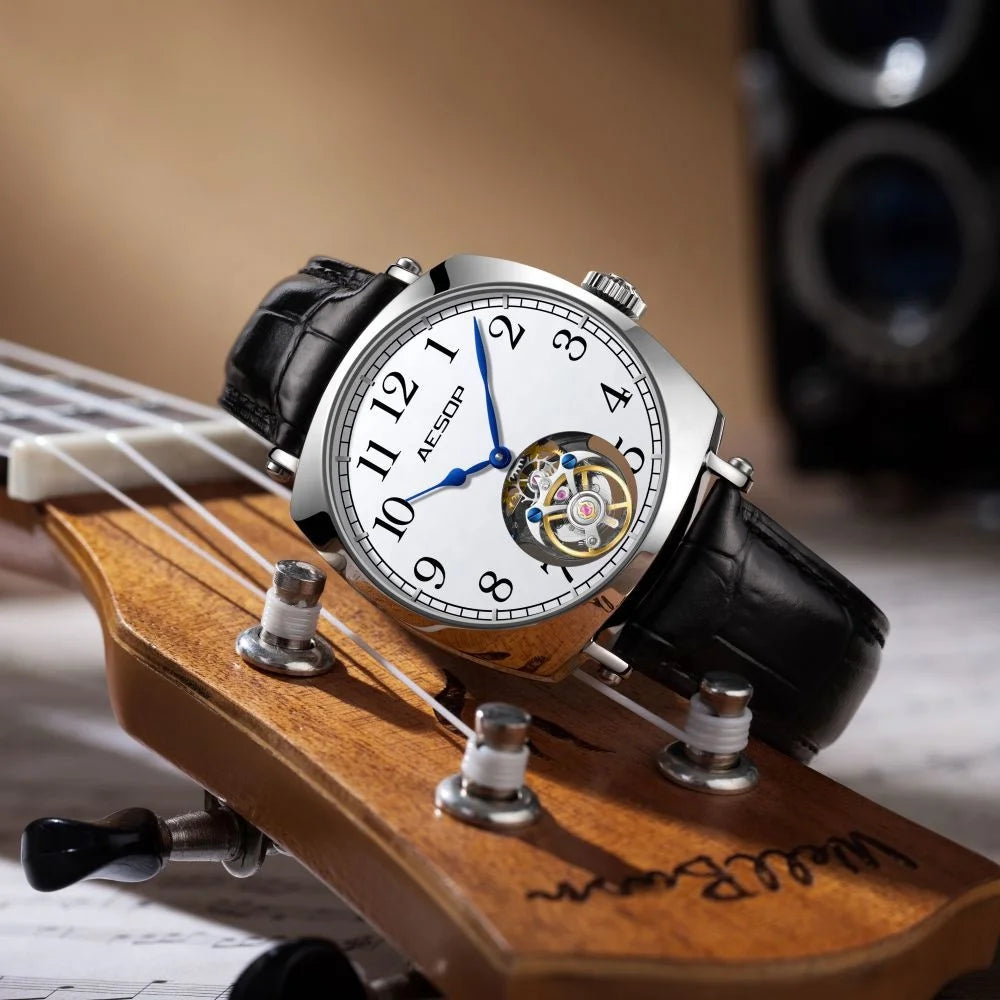 AESOP Flying Tourbillon Watch for Man Skeleton Design Leather Straps Luxury Brand Mechanical Watches