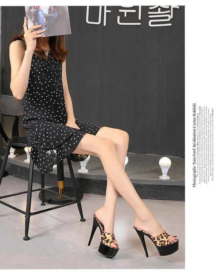 Voesnees Summer Slippers Women 2021 High Heels 15cm 17 CM Leopard Print Slip-On Platform Slides Sexy Catwalk Shoes Club Sandals