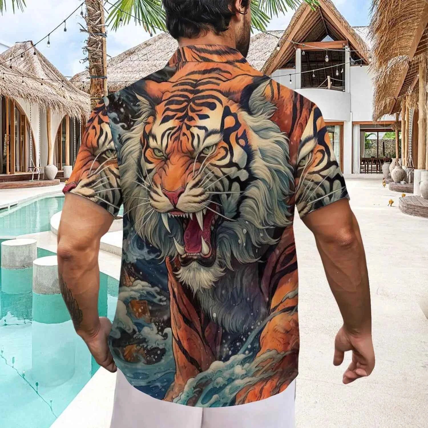 Custom Ukiyo-e Tiger Shirt Men's Hawaiian Shirt Japanese Wave Art Inkjet-Printed Pattern Unique Tiger Design Shirt