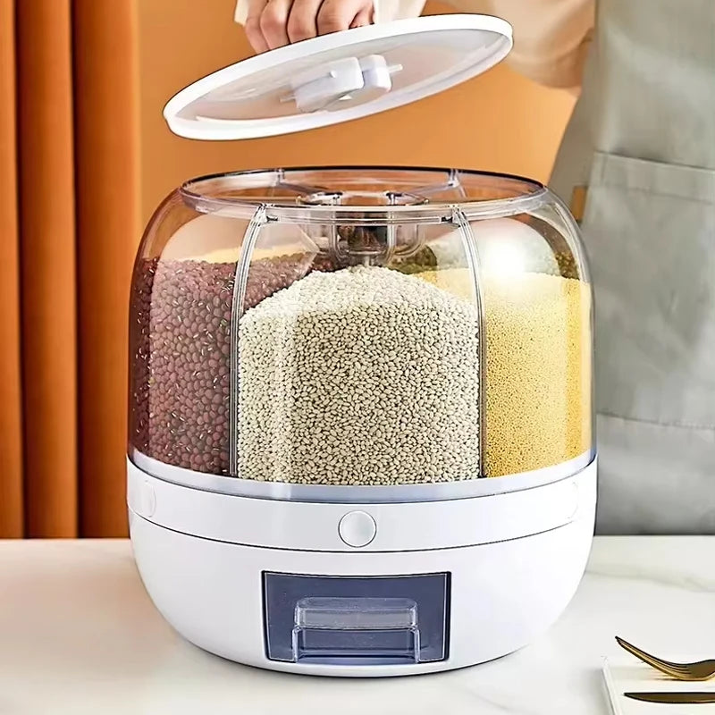Best Seller Rice Container Kitchen Moisture-Proof 6-Grid Rotating Food Grain Dispenser Cereal Glossy Storage Box
