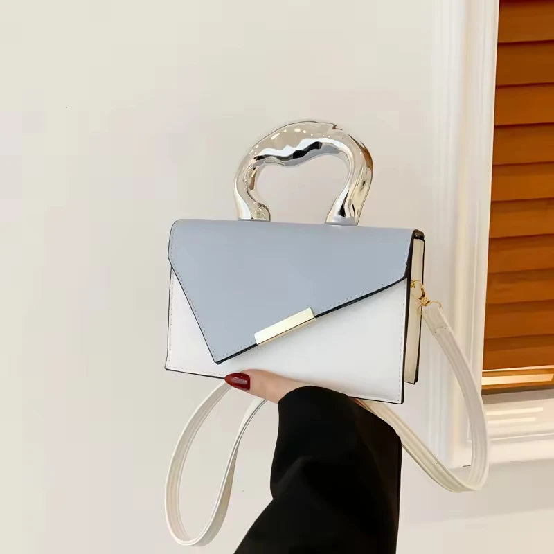 2025 Women's Casual Simple Metal Messenger Bag with Niche Handle Designer Contrasting Color Handbag