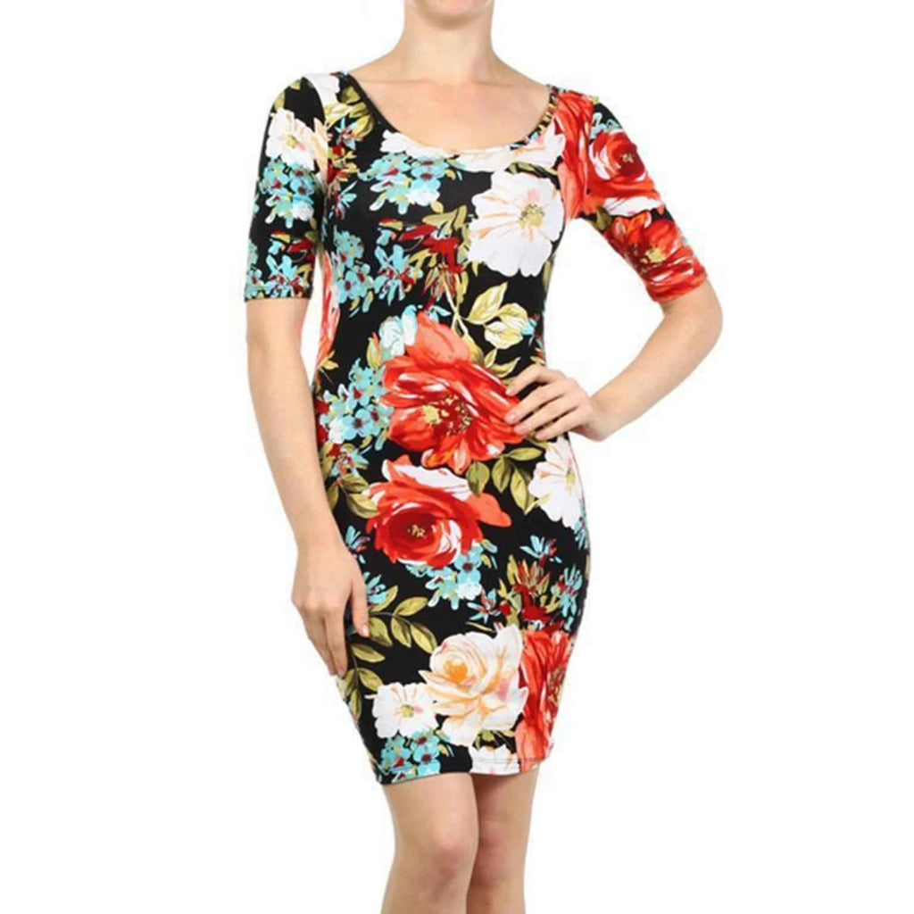 TD Floral Print Knit Scoop Neck Body-Con Dress 3/4 Sleeves Trendy Elegent Casual Day Clothes XS to XL Floor-Length ODM Supply