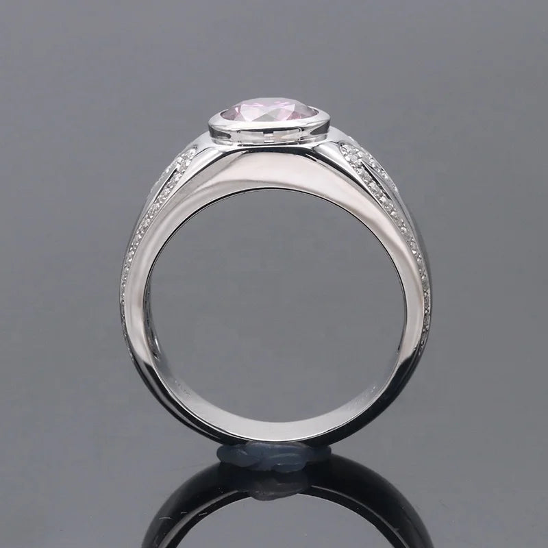Free Shipping 8mm Two Carats Pink Moissanite Diamond 14K/18K Solid White Gold Engagement Ring for Men Classic Style for Wedding
