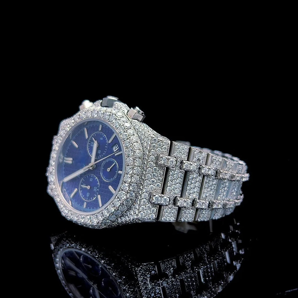 Luxurious Fashion Ronda Mechanical Watch Stainless Steel Band Blue White Diamond Moissanite Pointer Dial-Customizable Colors