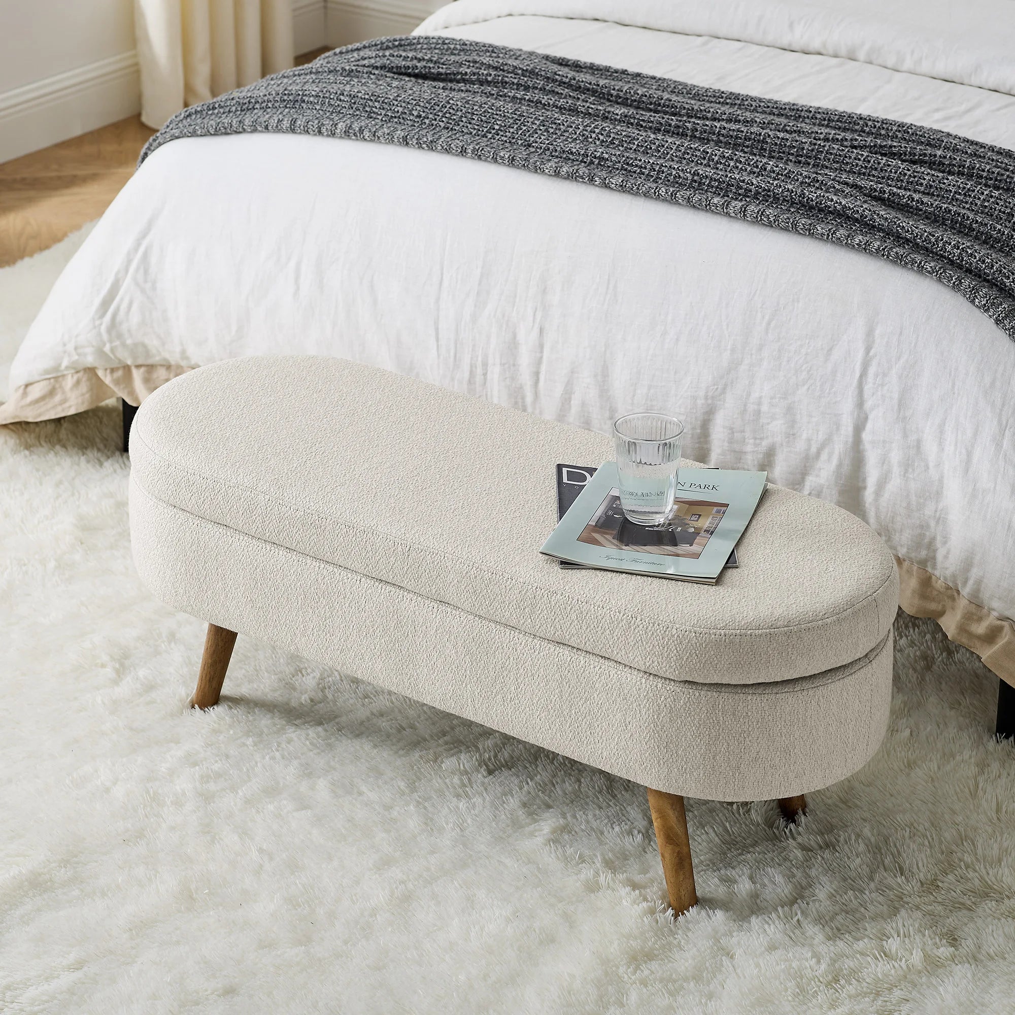 Ottoman Bed Bench with Adjustable Metal Legs Beige Fabric 43.5"x16"x16" Oval Storage Home Bedroom Furniture