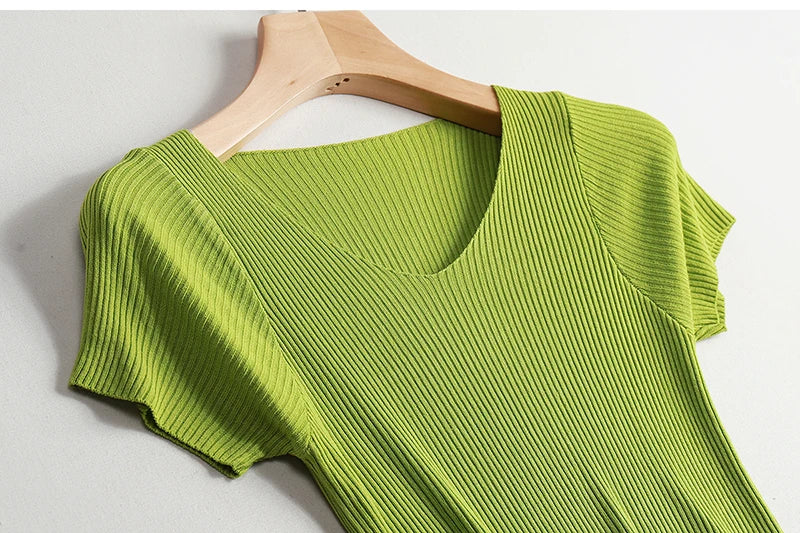 Pullover knitted Short Sleeve knitted Sweater Women Spring Summer Slim Basic Solid Casual Base Female knitting shirts 2024 Korea