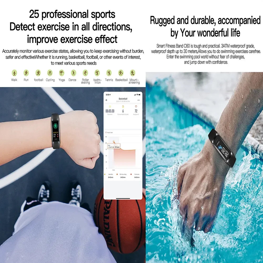 2024 New Arrival C60 SP02 HR BP Sleep Monitoring Smart Band IP67 Amoled Screen Display OEM ODM Bracelet Smart
