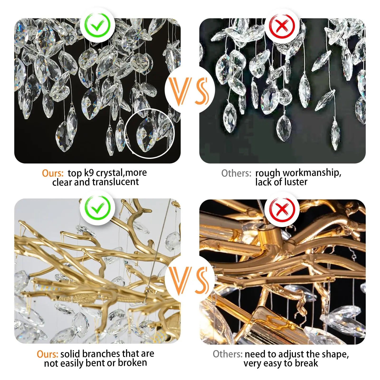 Gold Tree Branches Chandelier, Modern Round K9 Crystal Lighting Fixture Chandelier for Living Room, Foyer,Kitchen Island