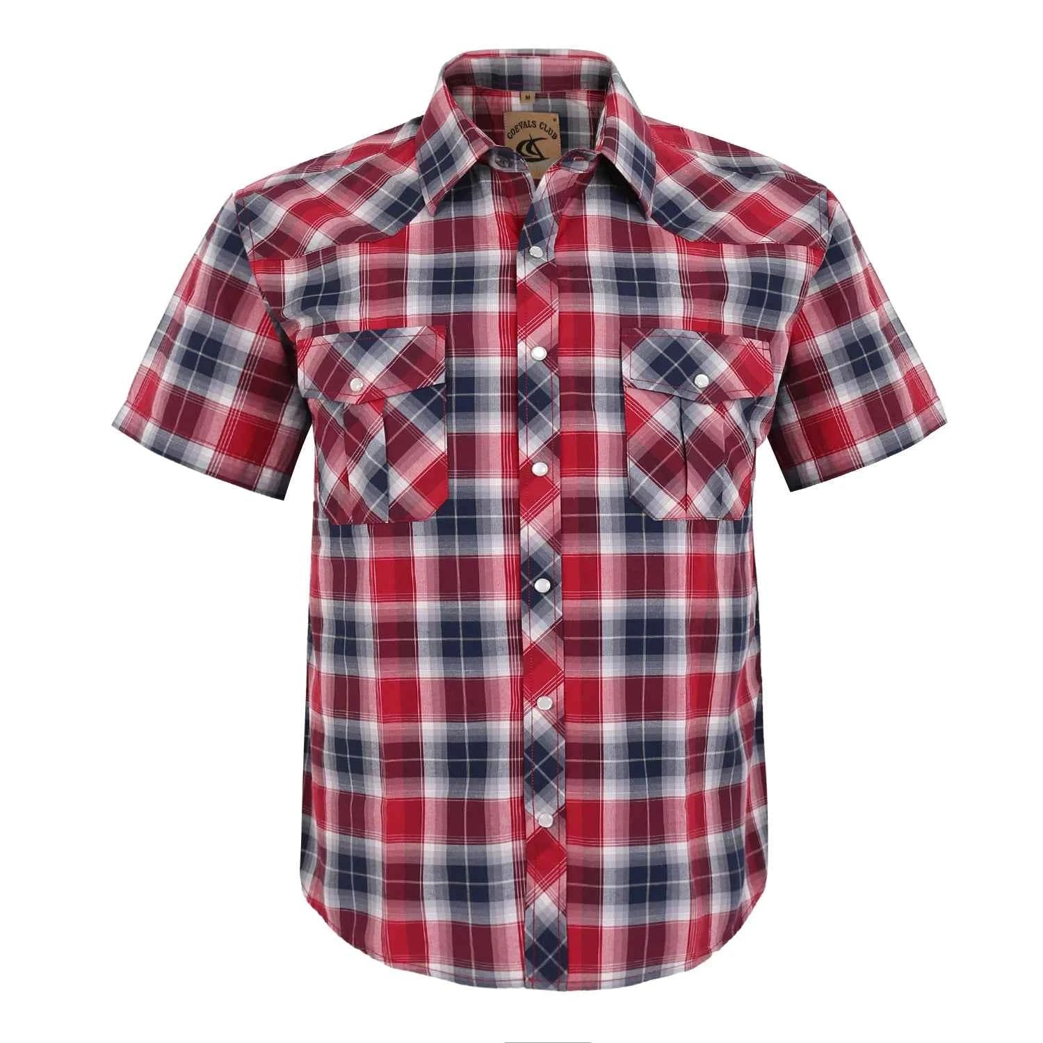 Men Pearl Snap Short Sleeve Western Cowboy Shirt Plaid Pattern with Buttons Two Front Pockets