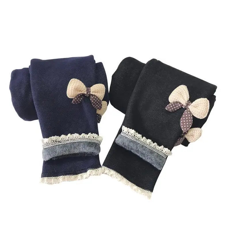 New Autumn Winter Girls Jean Pants Warm Children Leggings Thicken Velvet Bowknot Kids Trousers Baby Girl Pants Icing Leggings