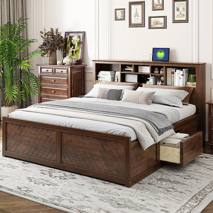 Teak Wood Platform Bed Frame  & King Size with Headboard Modern Soft Bed Eco-Friendly Convertible Natural Color