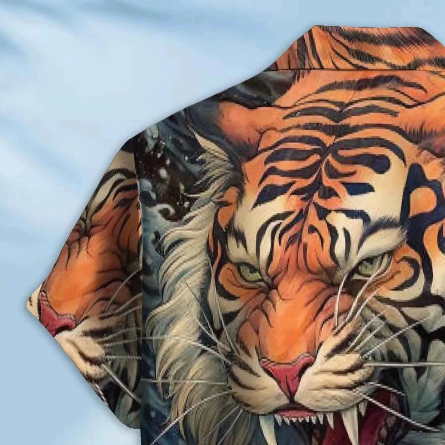 Custom Ukiyo-e Tiger Shirt Men's Hawaiian Shirt Japanese Wave Art Inkjet-Printed Pattern Unique Tiger Design Shirt