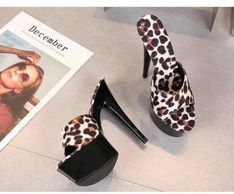 Voesnees Summer Slippers Women 2021 High Heels 15cm 17 CM Leopard Print Slip-On Platform Slides Sexy Catwalk Shoes Club Sandals