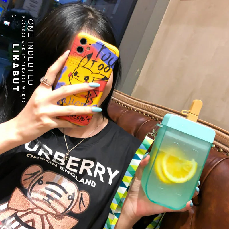 Summer Outdoor Water Bottle with Straw Portable Rope Travel Water Bottles Student Girls Water Cup Juice Drinking Bottle BPA Free