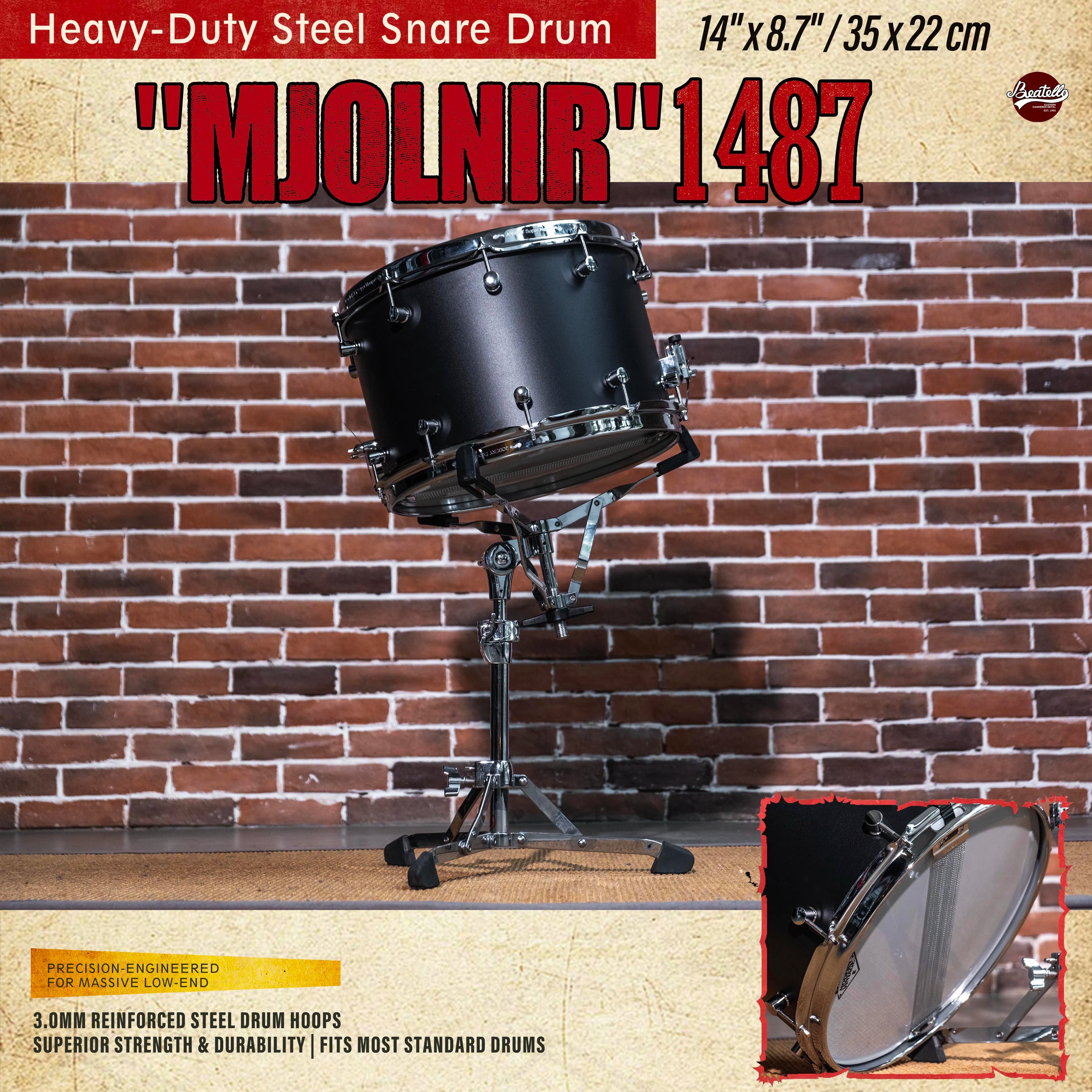 Beatello | Factory Direct | 14"x8.7" Heavy Steel Snare 3.0mm Reinforced Hoops | Rock/Metal Drum Kits | Pro Upgrade | Black